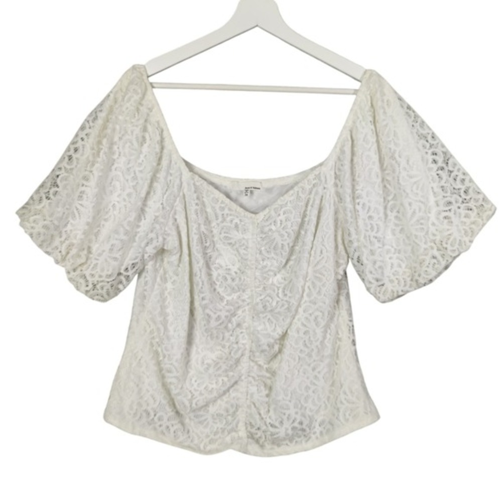 June & Hudson Womens Romantic Fairy Peasant Lace Ruched Puff Sleeve 1X Top White